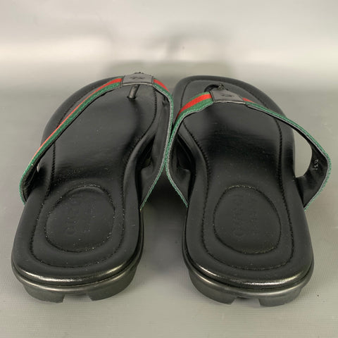 GUCCI Size 10.5 Black Green & Red Stripe Leather Thong Sandals