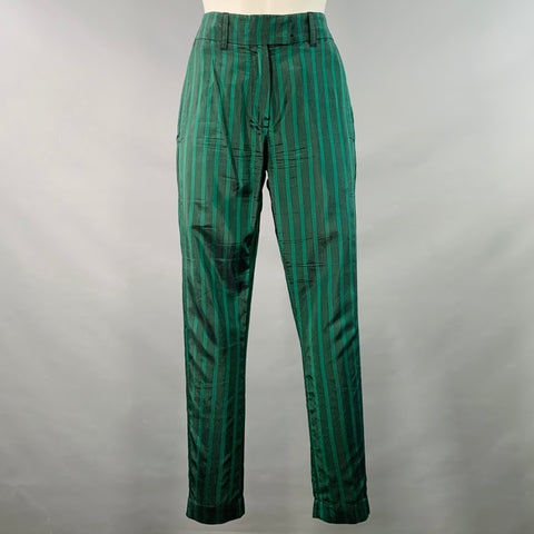 ANN DEMEULEMEESTER Size 6 Green Black Cupro Stripe Flat Front Dress Pants