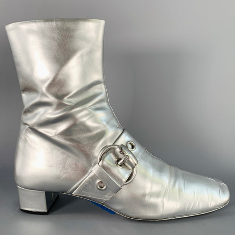 GUCCI Size 8.5 Metallic Silver Leather Side Zipper Ankle Boots
