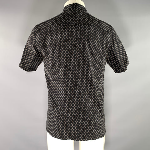 THEORY Size M Black Beige Geometric Silk spandex Button Up Short Sleeve Shirt