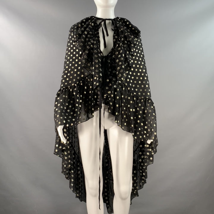 SAINT LAURENT 2018 Black Gold Dots Ruffled Metallic Chiffon Cape Dress Top