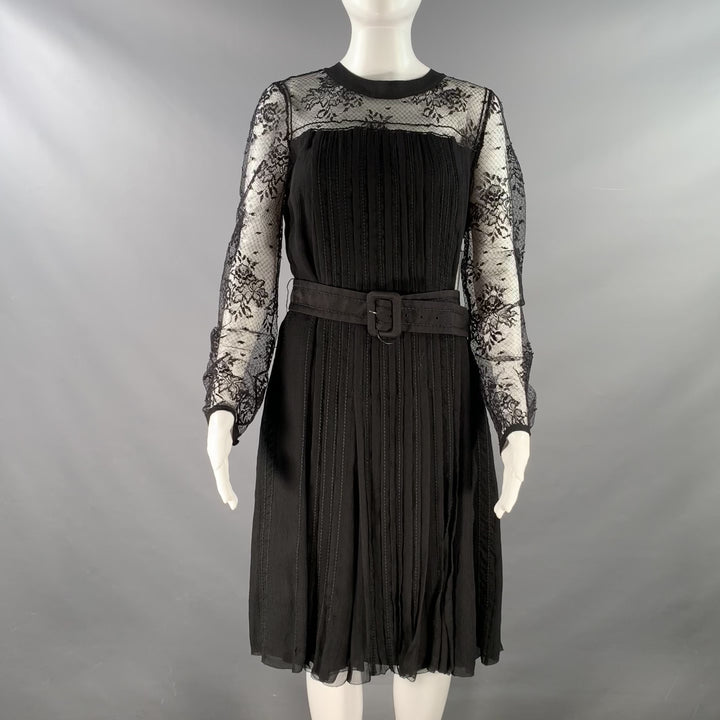 PRADA Size 10 Black Pleated Silk Lace Top Long Sleeve Cocktail Dress