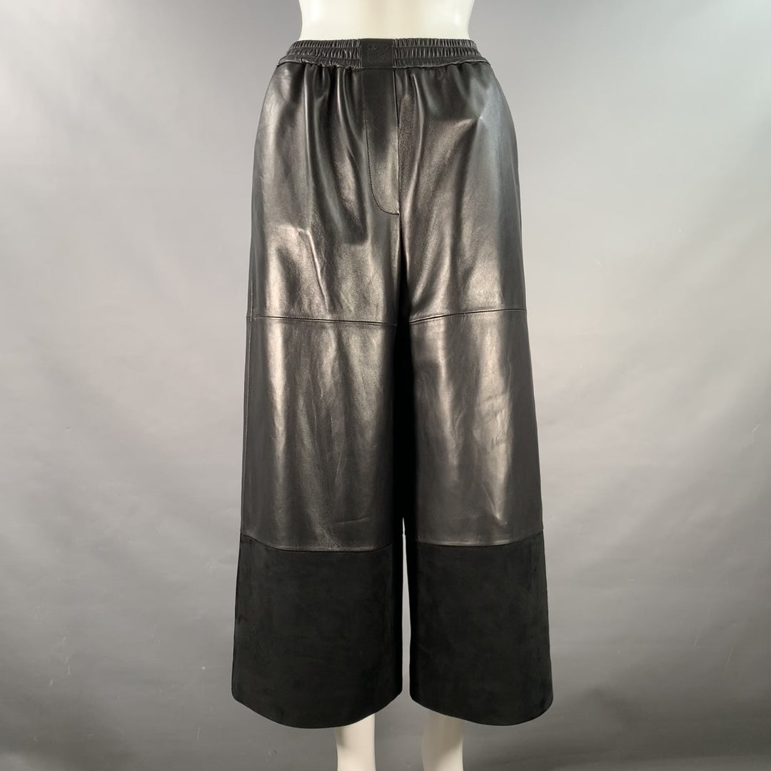 LOEWE Size XS Black Lambskin Leather Goat Suede Wide Leg Dress Pants