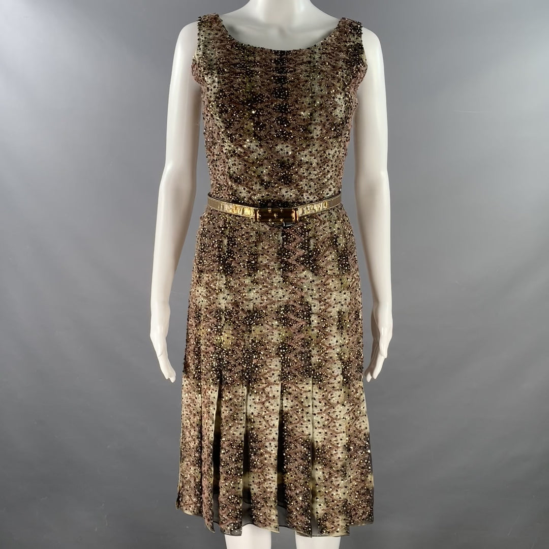 OSCAR DE LA RENTA Size 2 Green Tie Dye Taupe Embroidered Beaded Cocktail Dress