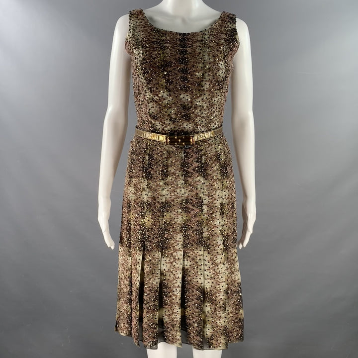 OSCAR DE LA RENTA Size 2 Green Tie Dye Taupe Embroidered Beaded Cocktail Dress