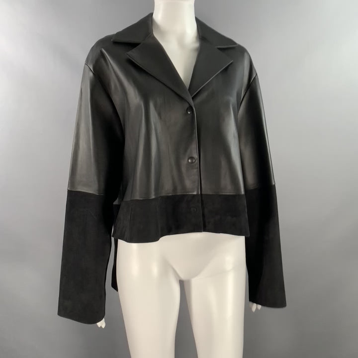LOEWE Size 2 Black Leather Mixed Materials Lambskin Leather Jacket Blazer