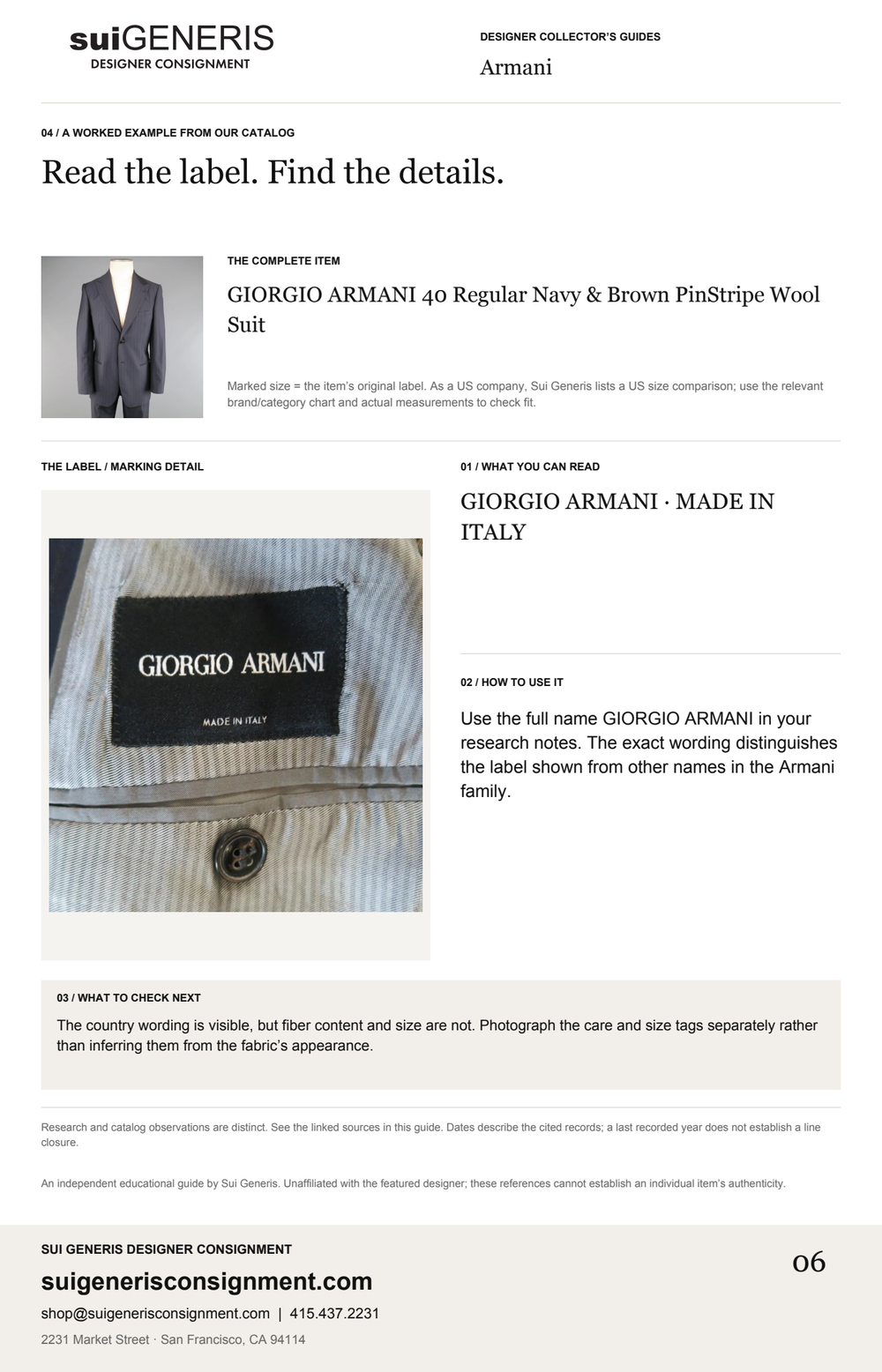 Armani — Read the label. Find the details. Sui Generis Designer Collector’s Guide.