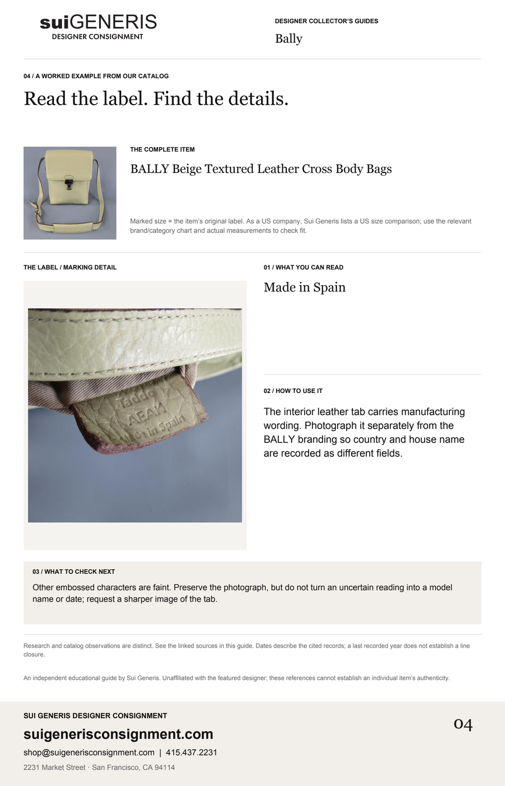 Bally — Read the label. Find the details. Sui Generis Designer Collector’s Guide.