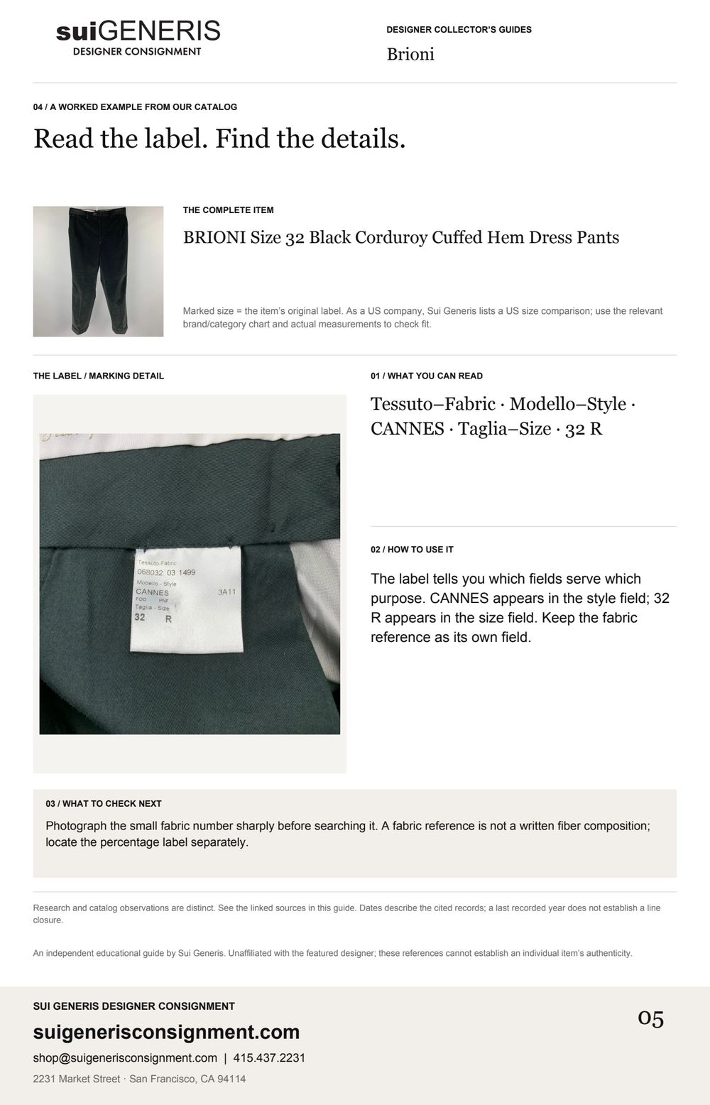 Brioni — Read the label. Find the details. Sui Generis Designer Collector’s Guide.