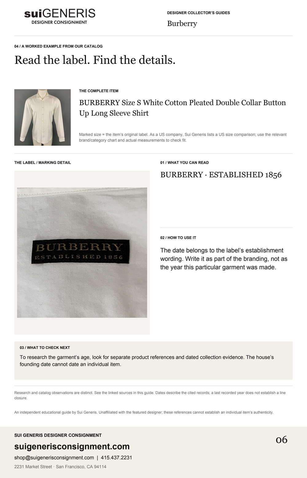 Burberry — Read the label. Find the details. Sui Generis Designer Collector’s Guide.