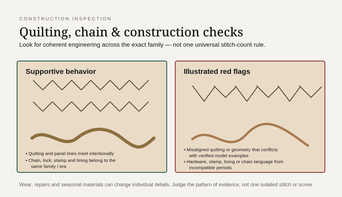 Illustrated supportive Chanel bag construction patterns compared with misaligned quilting and incompatible hardware cues