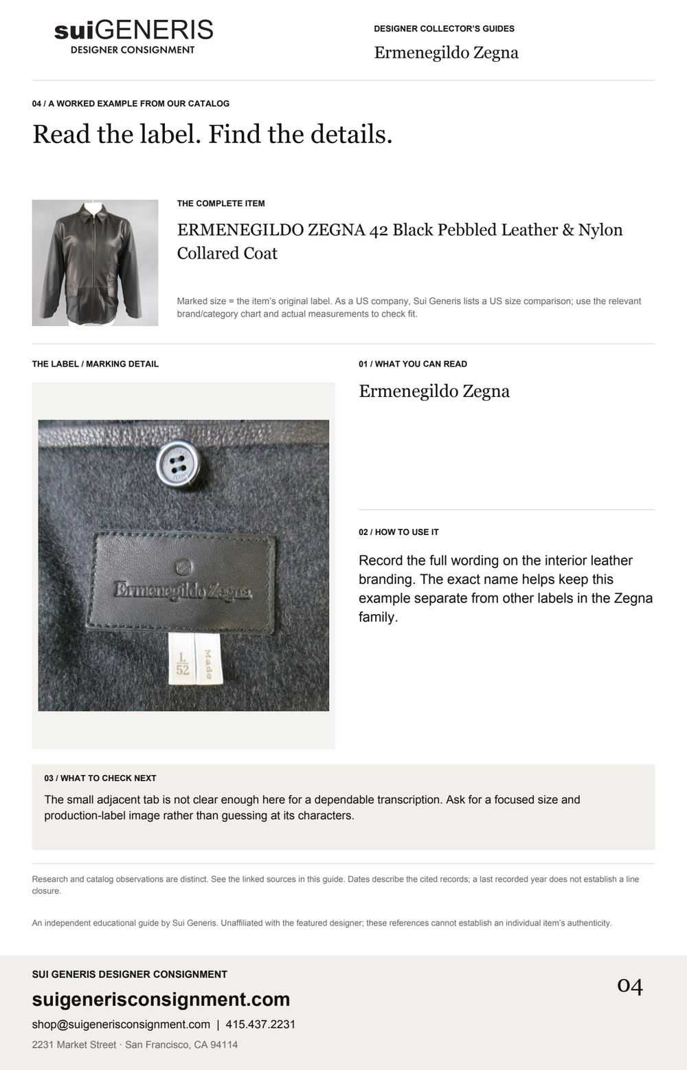 Ermenegildo Zegna — Read the label. Find the details. Sui Generis Designer Collector’s Guide.