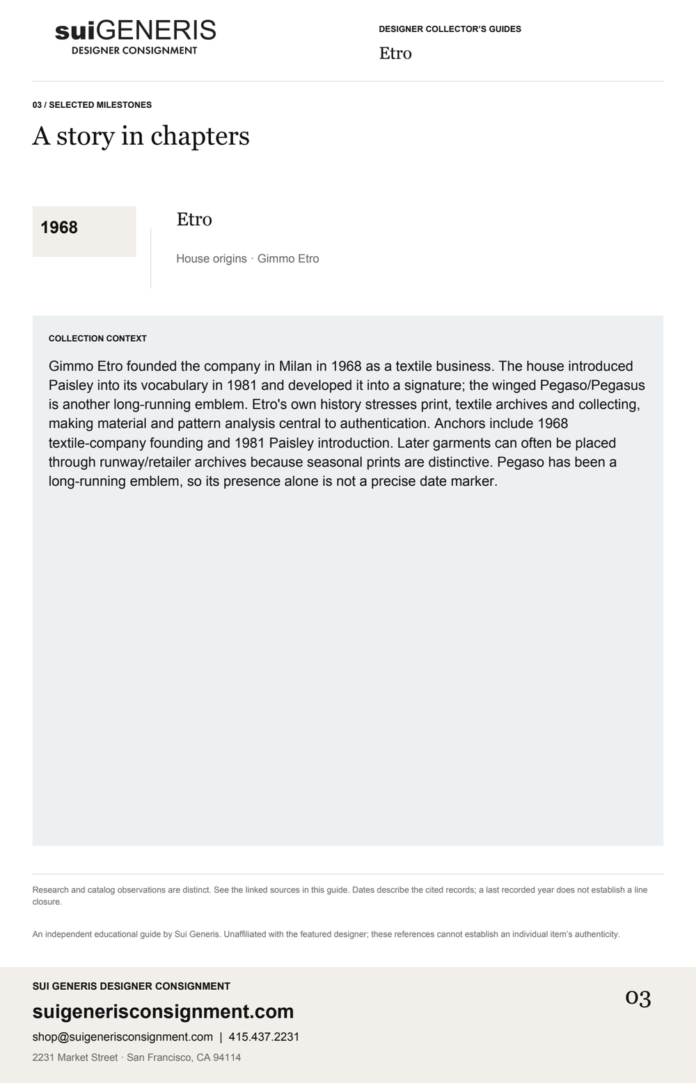 Etro — Timeline. Sui Generis Designer Collector’s Guide.