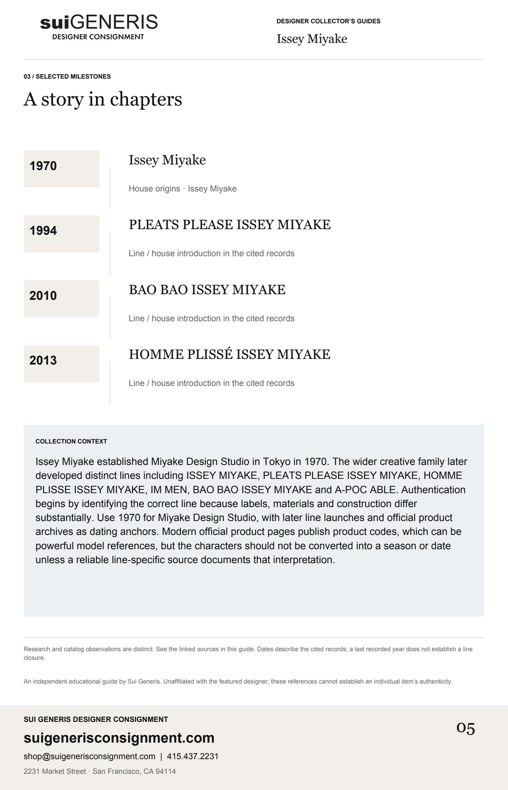 Issey Miyake — Timeline. Sui Generis Designer Collector’s Guide.