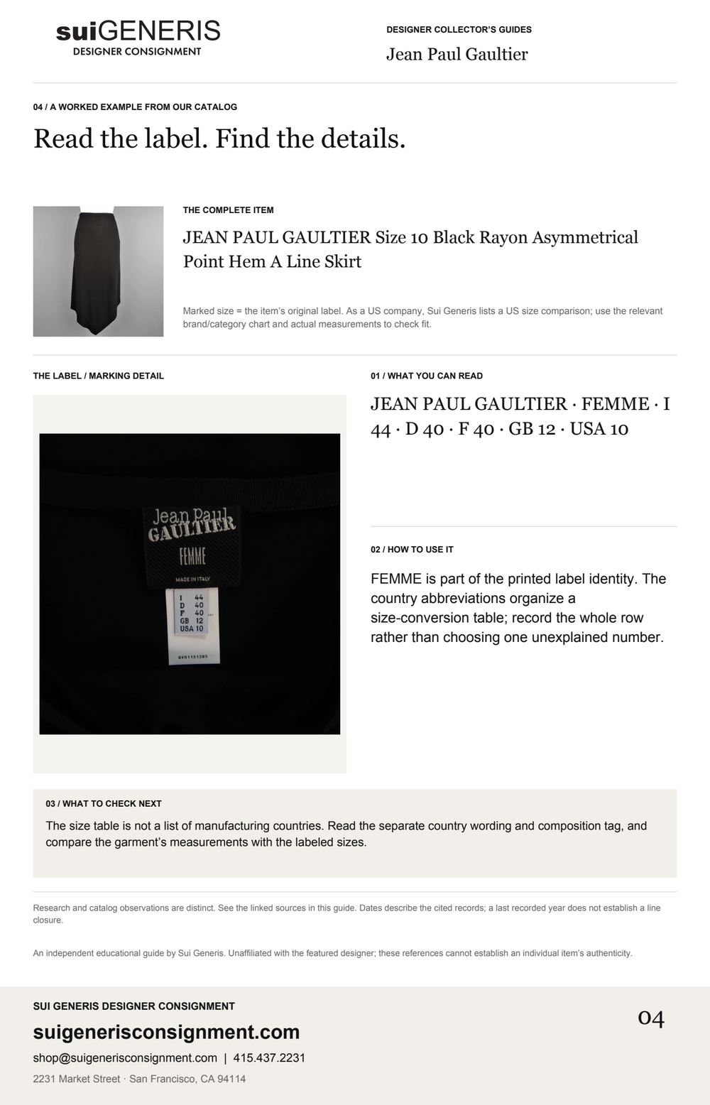 Jean Paul Gaultier — Read the label. Find the details. Sui Generis Designer Collector’s Guide.