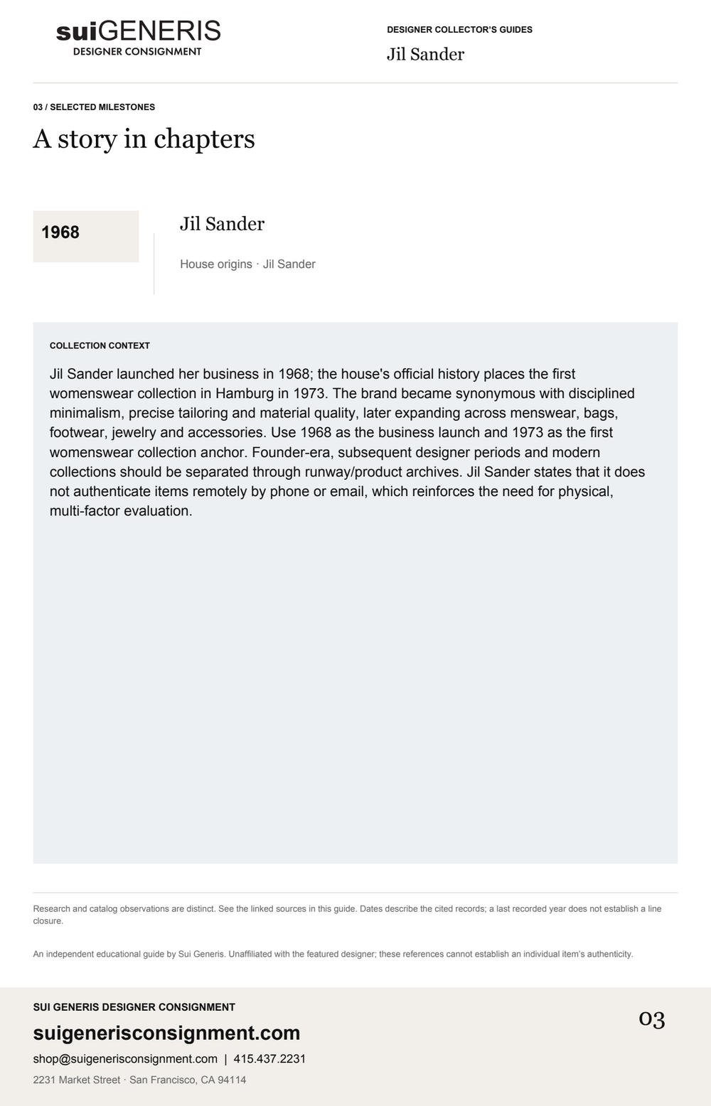 Jil Sander — Timeline. Sui Generis Designer Collector’s Guide.