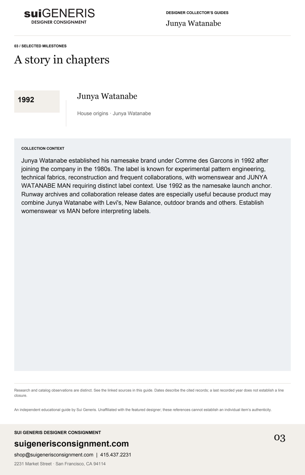 Junya Watanabe — Timeline. Sui Generis Designer Collector’s Guide.