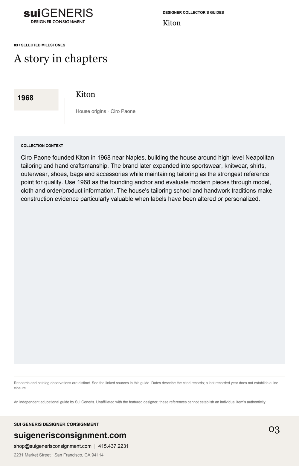 Kiton — Timeline. Sui Generis Designer Collector’s Guide.