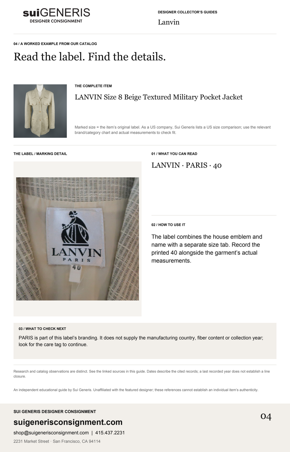 Lanvin — Read the label. Find the details. Sui Generis Designer Collector’s Guide.