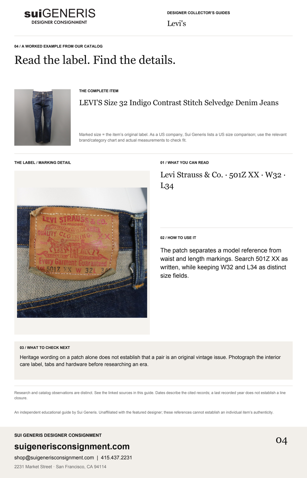 Levi's — Read the label. Find the details. Sui Generis Designer Collector’s Guide.