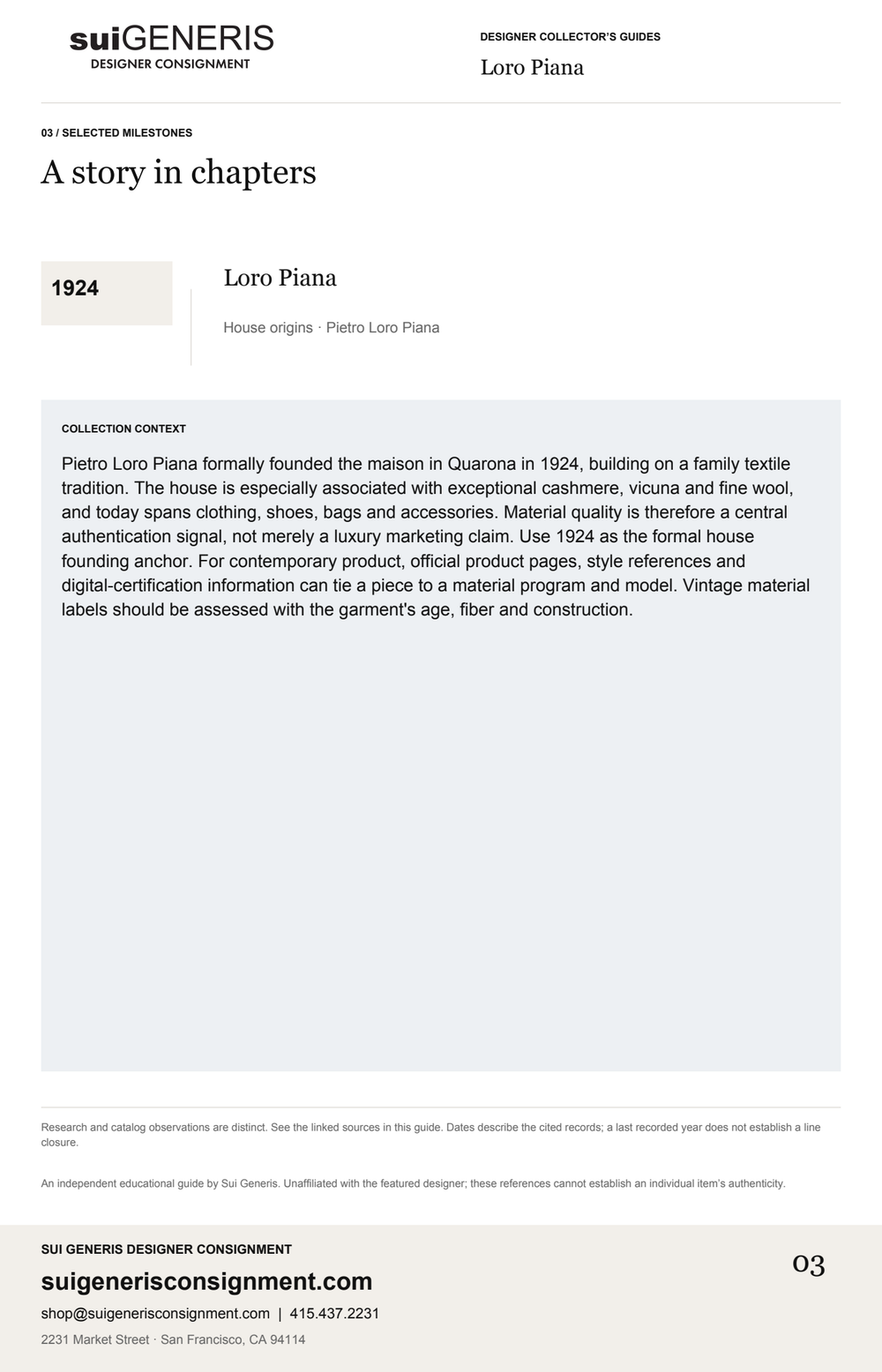 Loro Piana — Timeline. Sui Generis Designer Collector’s Guide.