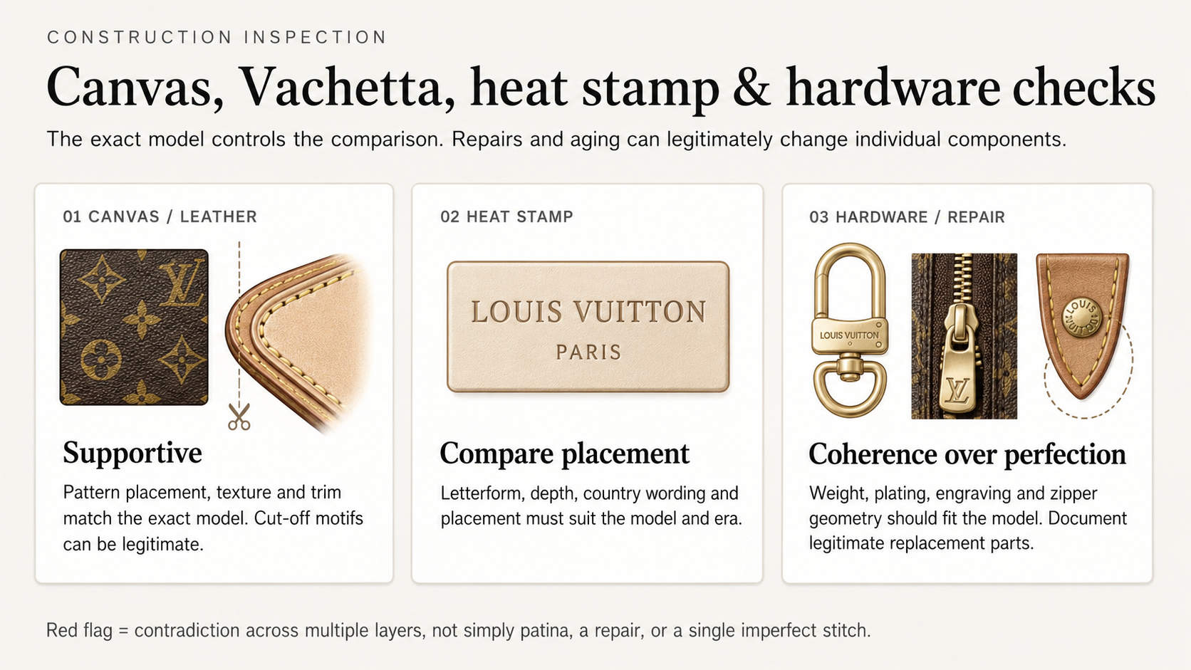 Illustrated Louis Vuitton inspection checks for coated canvas and Vachetta trim, heat-stamp placement, hardware, zipper geometry, and legitimate repair parts