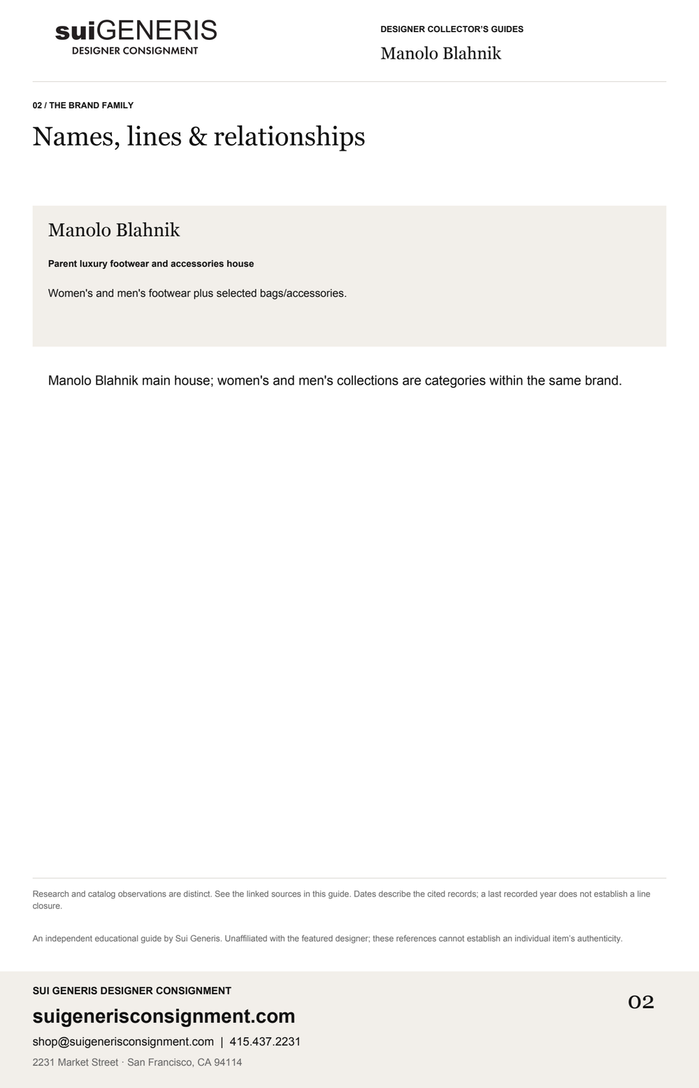 Manolo Blahnik — Brand family. Sui Generis Designer Collector’s Guide.