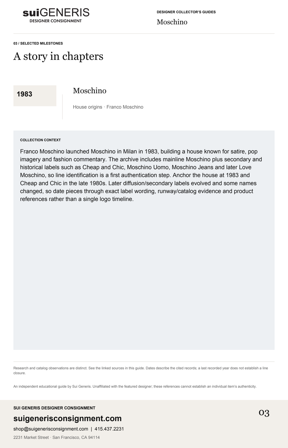 Moschino — Timeline. Sui Generis Designer Collector’s Guide.