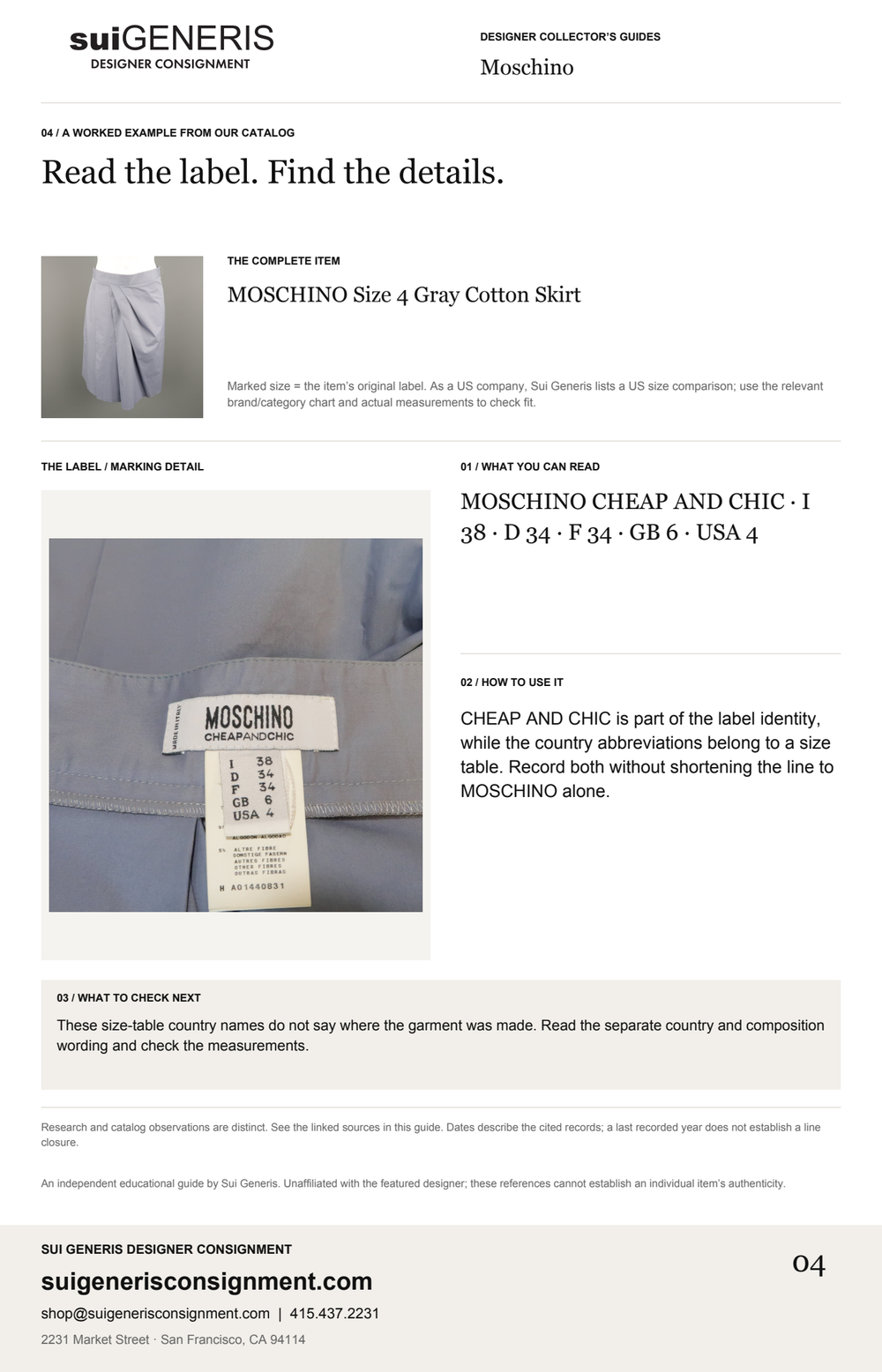 Moschino — Read the label. Find the details. Sui Generis Designer Collector’s Guide.