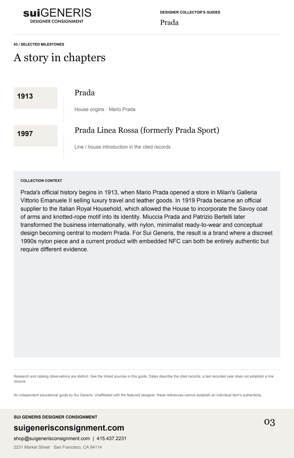 Prada — Timeline. Sui Generis Designer Collector’s Guide.