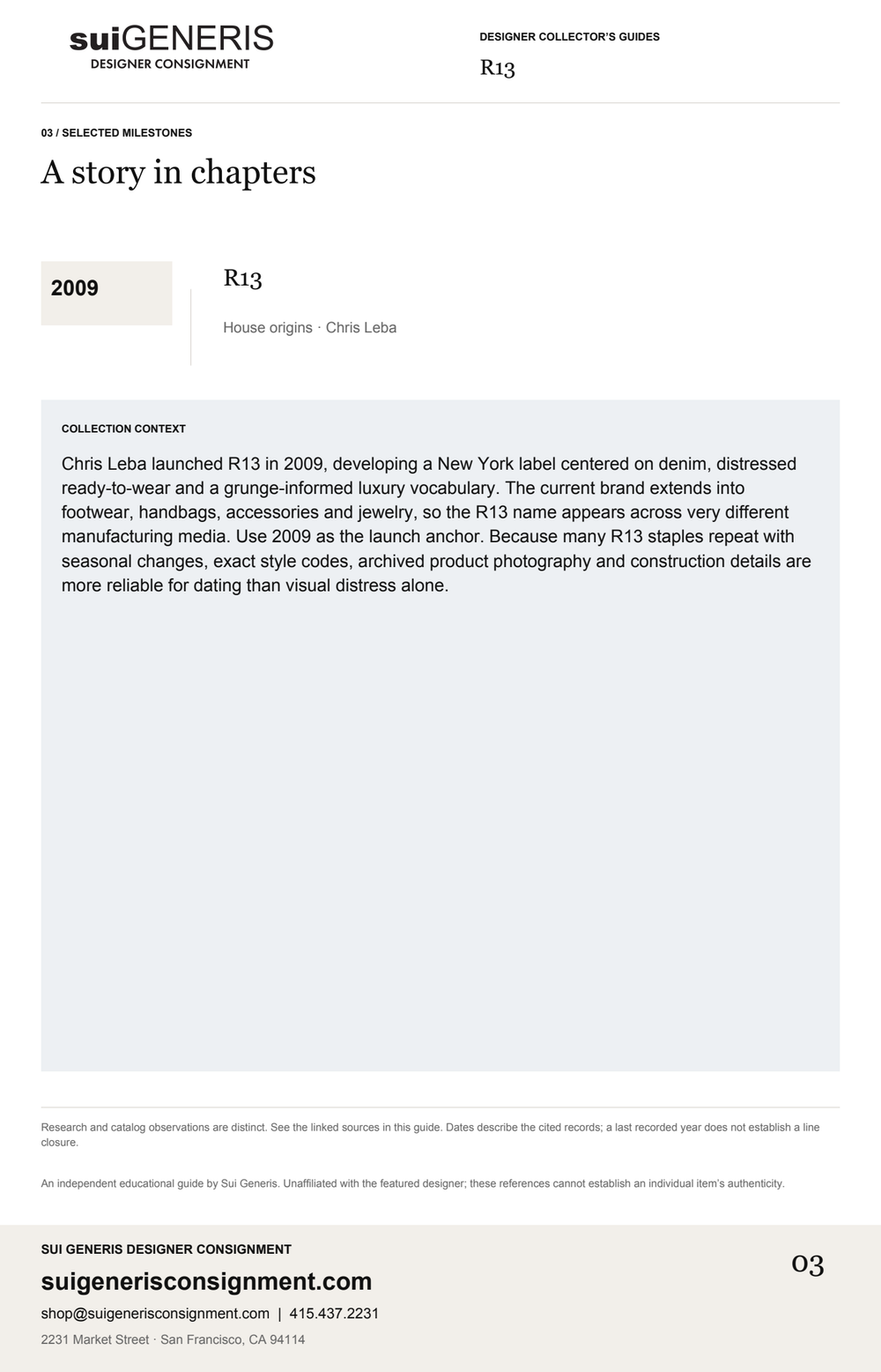 R13 — Timeline. Sui Generis Designer Collector’s Guide.