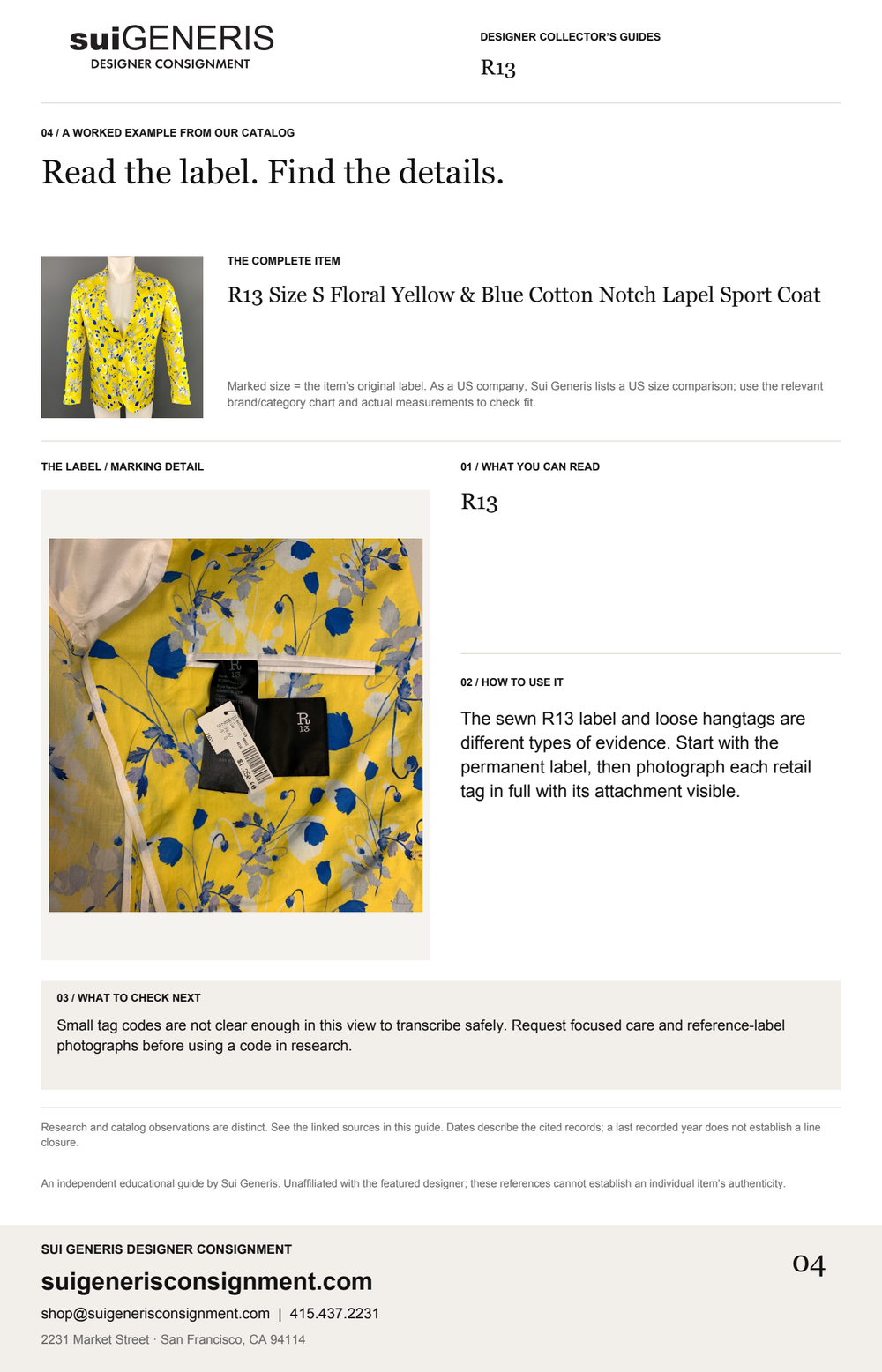 R13 — Read the label. Find the details. Sui Generis Designer Collector’s Guide.