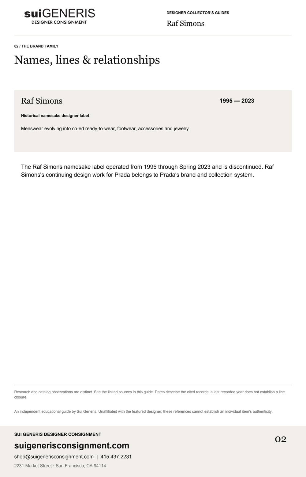 Raf Simons — Brand family. Sui Generis Designer Collector’s Guide.