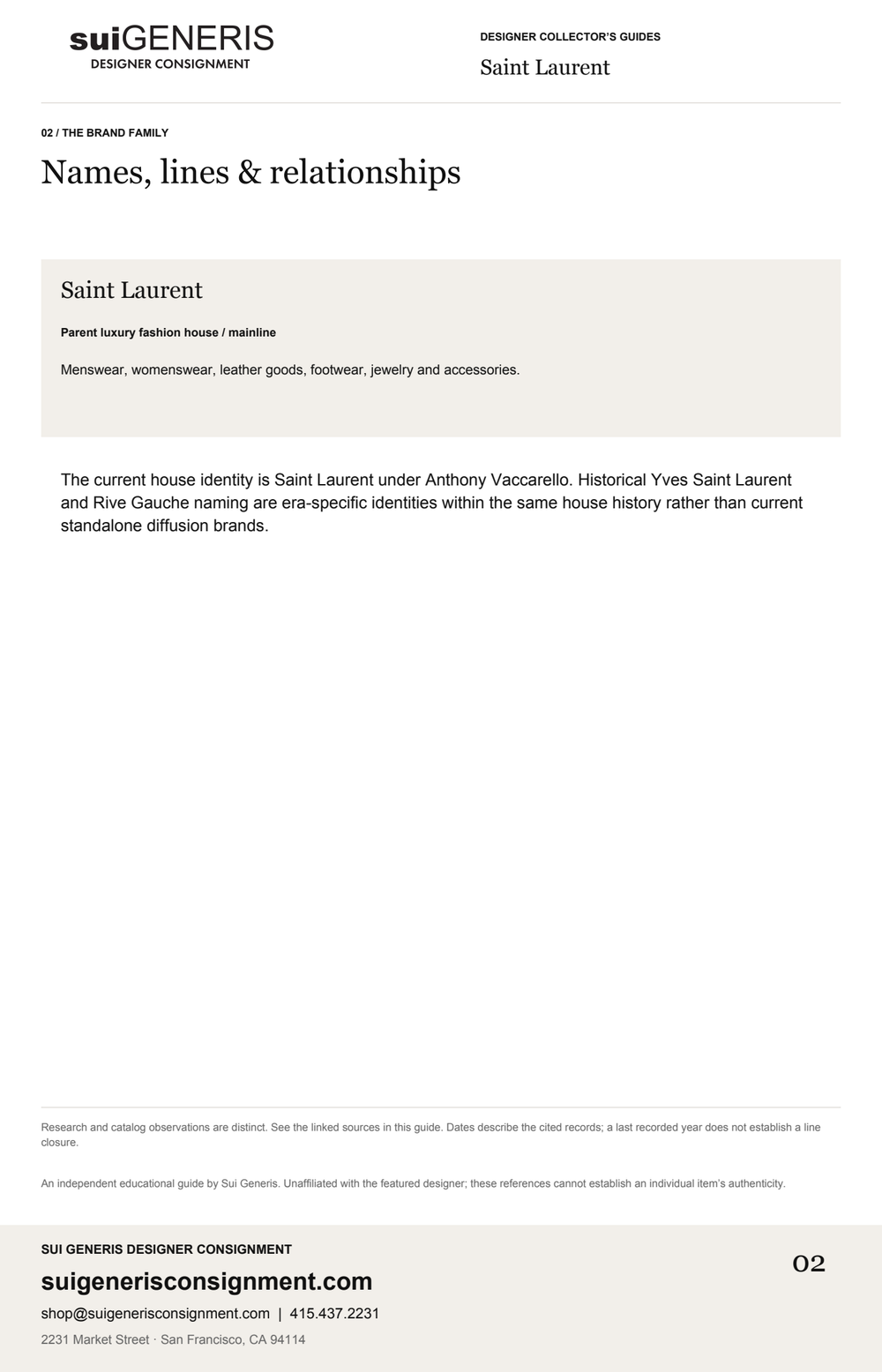 Saint Laurent — Brand family. Sui Generis Designer Collector’s Guide.
