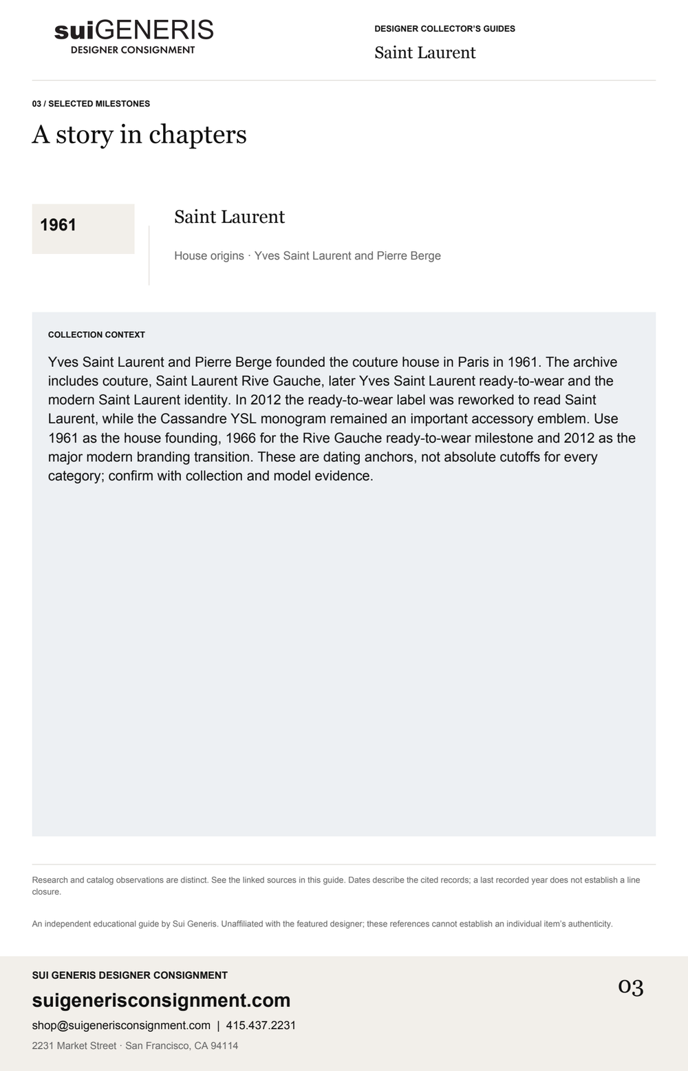 Saint Laurent — Timeline. Sui Generis Designer Collector’s Guide.