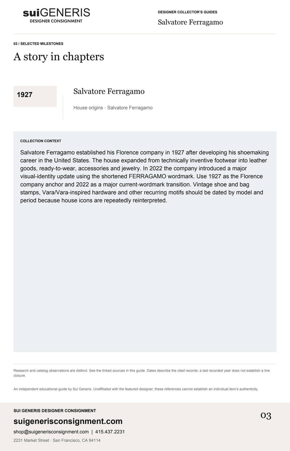 Salvatore Ferragamo — Timeline. Sui Generis Designer Collector’s Guide.