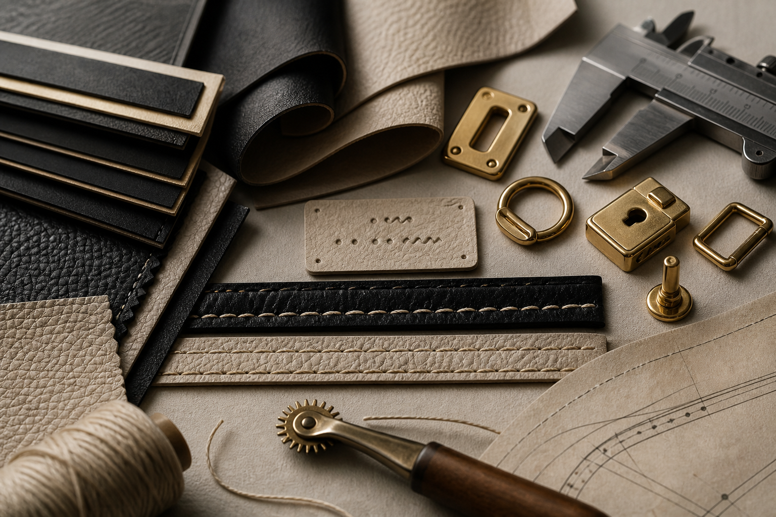 Original Sui Generis editorial study of leather, stitching, hardware and construction tools