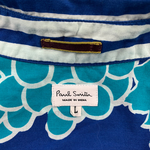 PAUL SMITH Size L Blue & Aqua Print Cotton Camp Short Sleeve Shirt