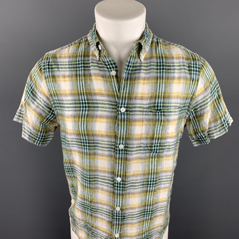 CHAMBRAY Size S Green Plaid Linen Button Down Short Sleeve Shirt