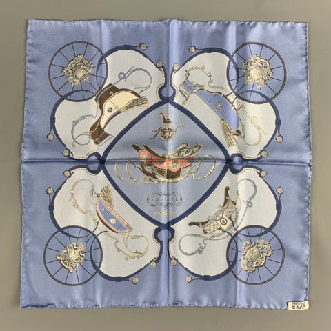 HERMES Springs  Blue Light Blue Equestrian Silk Twill Pocket Square