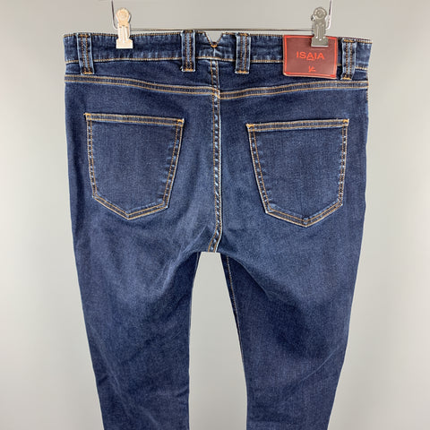 ISAIA Size 34 Indigo Denim Contrast Stitching Button Fly Jeans