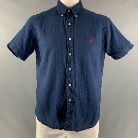 RALPH LAUREN Size L Navy Solid Linen Button Down Short Sleeve Shirt