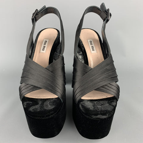 MIU MIU Size 8 Black Satin Chunky Heel Platform Sandals