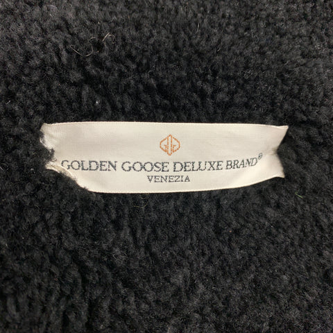 GOLDEN GOOSE Size S Dark Brown Crackled Leather Shearling Hooded Oversized Coat
