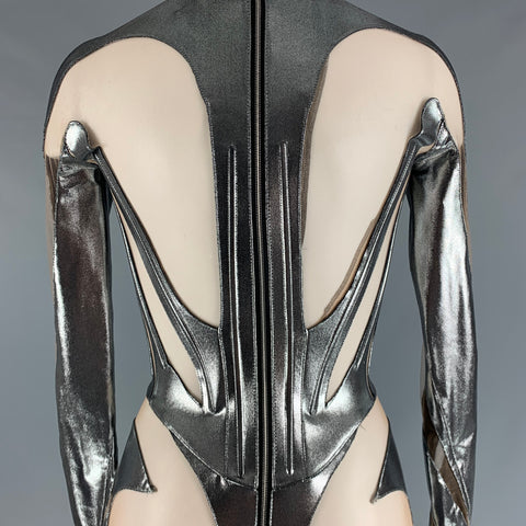 MUGLER Size 2 Silver Nude Mixed Fabrics Polyamide Mesh Jumpsuits