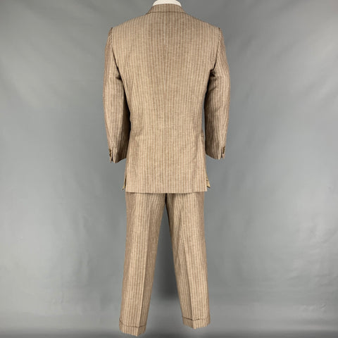 BRIONI for WILKES BASHFORD Size 42 Tan Light Blue Stripe Wool Linen Notch Lapel Suit