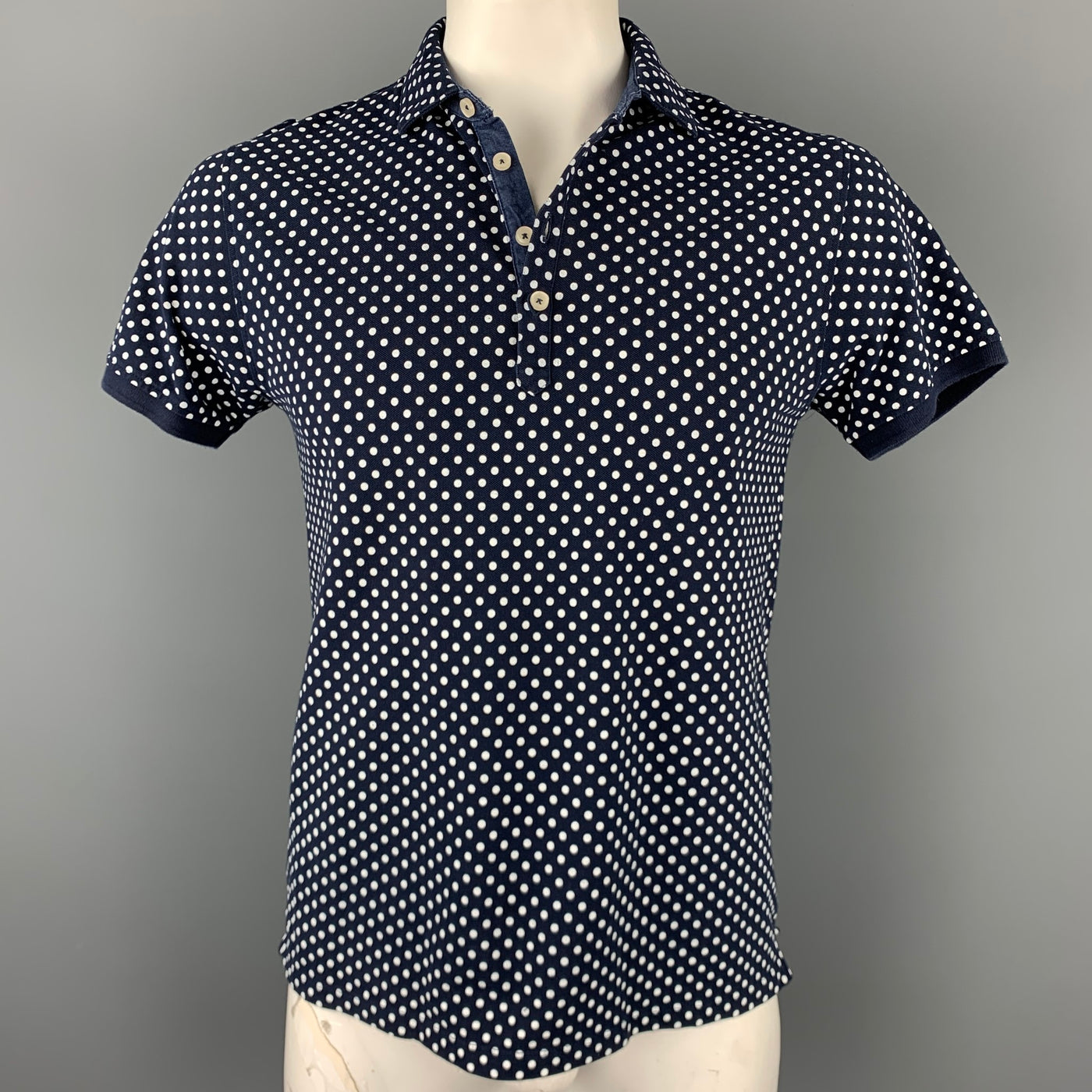 BELMONTE TREND Size L Navy & White Dots Pique Buttoned Polo