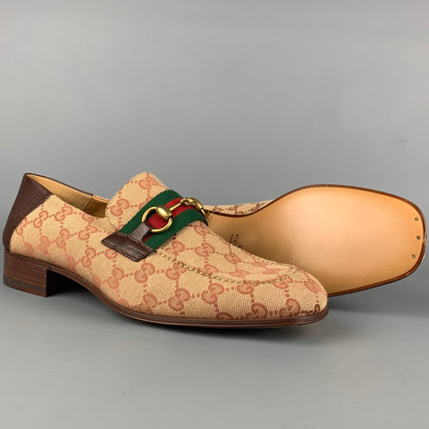 GUCCI Size 9 Tan & Brown Monogram Canvas Slip On Horsebit Loafers