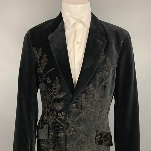 PAUL SMITH Size 42 Black Embroidery Velvet Notch Lapel Sport Coat