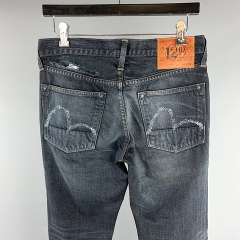 EVISU Size 30 Black Washed Cotton Button Fly Jeans